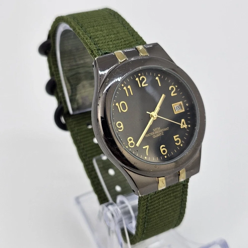 Men's Watch 37MM Black Dial Date‎ New Army Green Nylon Bands New Battery